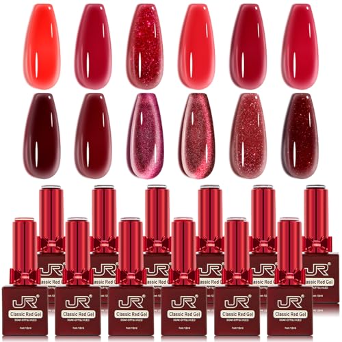 Red Gel Nail Polish Set 12ml 12-Piece Kit with Cat Eye Glitter Pearl - Variation of THIS listing