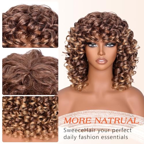 SweeceHair Ombre Blonde 14 Inch Curly Wig for Black Women with Bangs | Glueless Heat-Resistant Synthetic Wig