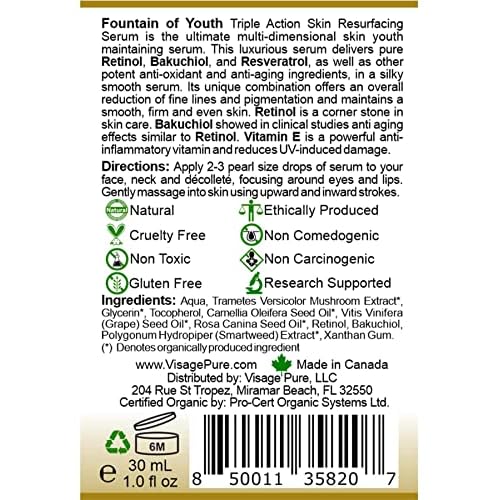 Fountain of Youth Serum - Organic, Toxin-Free Skin Serum with Retinol, Bakuchiol, Resveratrol, Vitamin E for Resurfacing, Toning, and Wrinkle Repair