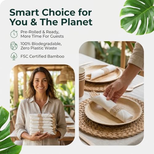 Pre-Wrapped Bamboo Cutlery Set – 100 Pack Disposable Utensils with Napkins – Forks, Knives, Spoons – Eco-Friendly Party & Wedding Supplies