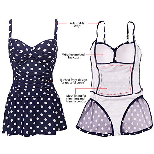 Joyaria Women's Tummy Control One-Piece Swimsuit with Skirt Navy Polka Dot