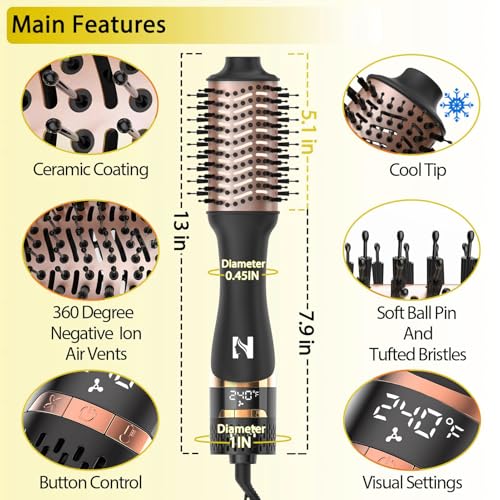 Nicebay Hair Dryer Brush with Display Screen - Black & Rose Gold, Anti-Frizz Styler and Volumizer