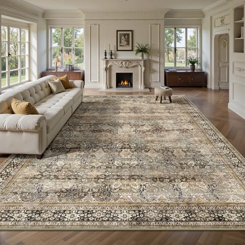 8x10 Charcoal & Olive Washable Area Rug - Vintage Retro Boho Large Carpet, Non Slip, Low Pile for Living Room & Bedroom - Variation of B-Charcoal / Olive