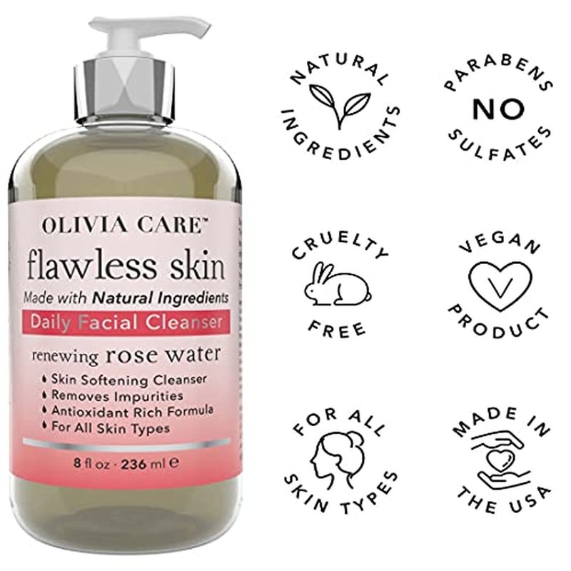 Daily Brightening Facial Cleanser - Natural Moisturize, Hydrate, Cleanse - Brighten Age Spot, Tighter & Soothe Skin - Antioxidants - All Skin Types. Evens Complexation - 8 FL OZ (Rose Water)
