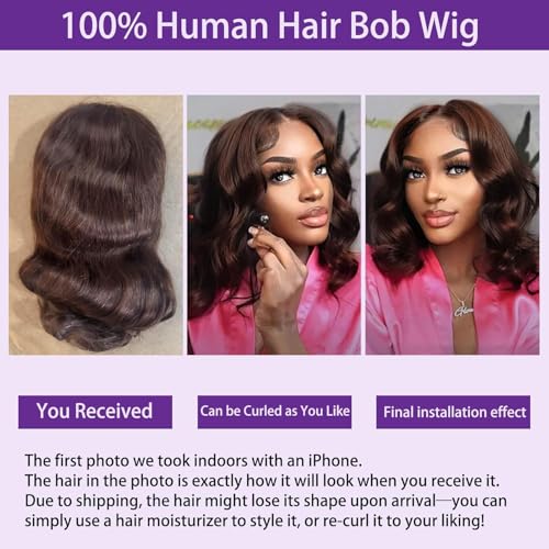 Brown Color 16-inch Human Hair Bob Wig - Glueless, Pre-Styled, Realistic Lace Closure