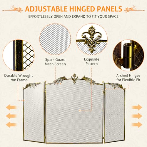 WICHEMI Vintage Style 3-Panel Fireplace Screen 50x32 Inch Bronze - Foldable Safety Guard