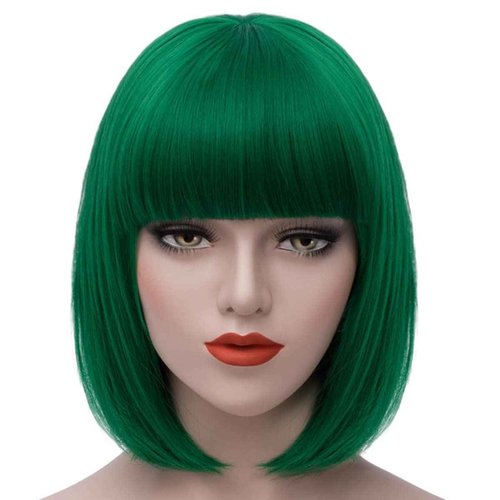 FOVER Short Green Wig with Bangs - Straight Synthetic Bob Wig for Women - St. Patrick's Day Party Costume - FE014GR