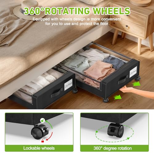 Under Bed Storage Containers with Wheels - 4 Pack, Clear Lids, Black