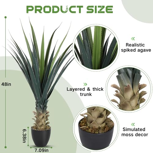 Artificial Spiked Agave Plant 4ft Tall Potted Faux Greenery Outdoor Indoor - Green, 48"