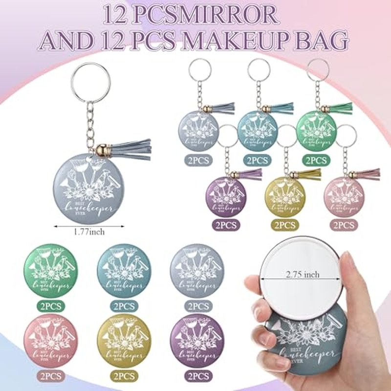12 Sets Housekeeping Week Appreciation Gifts Housekeepers Cleaning Canvas Makeup Bag Inspirational Mirror Best Housekeeper Ever Keychain Thank You Gift for Team Employee Coworker Cleaner