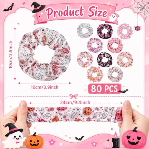 Halloween Satin Hair Scrunchies - Ghost & Pumpkin Elastic Ties - 80 Pack - Pink & Spooky Styles