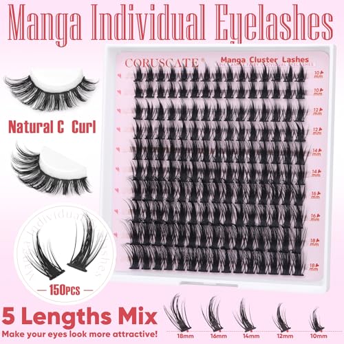 CORUSCATE Manga Lash Clusters Wispy Eyelash Clusters Fairy Anime Lashes Clusters Individual Natural Cluster Eyelash Extensions Asian Style C Curl Manhua Style 10-18mm DIY Wet Look Lash Extension
