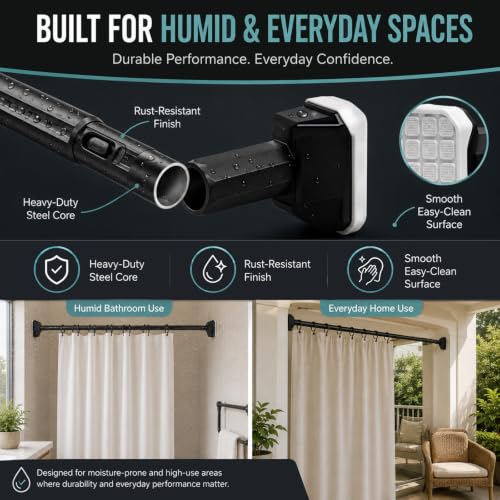 Heavy Duty Tension Shower Curtain Rod Set - No Drilling, Adjustable 41-126 Inch, Rustproof Black