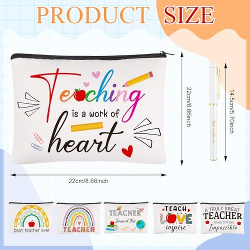 6Sets Teacher Appreciation Gift End of School Year Teacher Gifts Best Teachers-s Multifunctional Makeup Bag Teachers Canvas Pencil Bag With Keychain Bookmarks,Graduation Thank You Gift