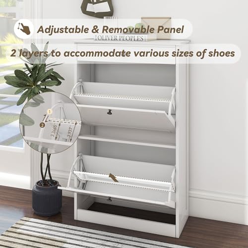 Medium White Shoe Cabinet with 2 Flip Drawers - Slim Modern Storage