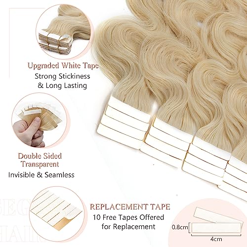 SEGO Wavy Tape-In Hair Extensions 14 Inch Blonde Remy Human Hair 20pcs - Body Wave, Bleach Blonde Variation #0613