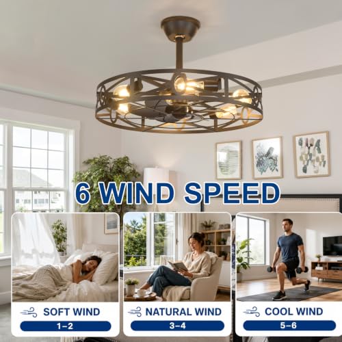 Black 24-Inch Caged Ceiling Fan with Light & Remote - Farmhouse Industrial Style