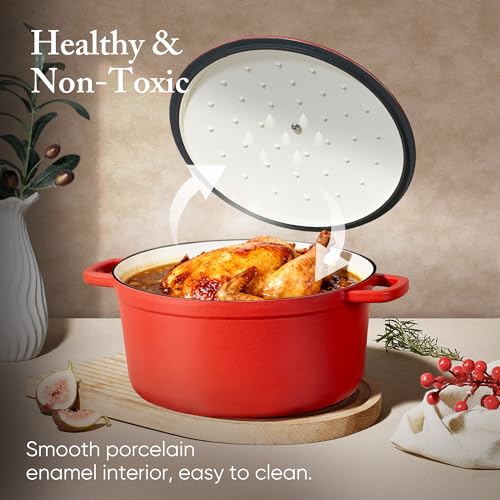 4QT Enamel Cast Iron Dutch Oven Pot with Lid - Red