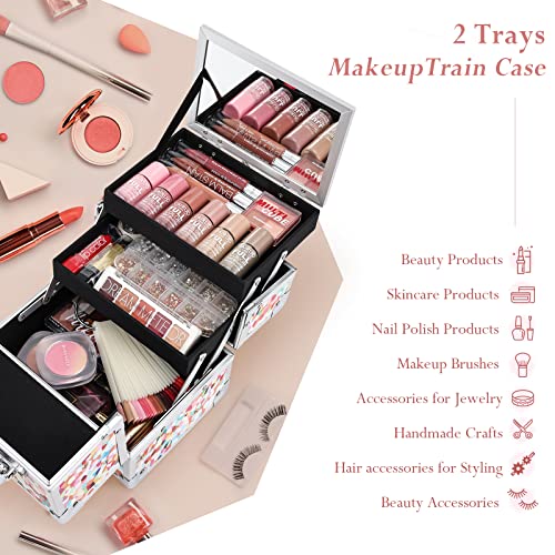 Mosaic Orange Makeup Train Case with Mirror & Lockable Storage for Girls