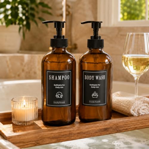 TBWIND 16oz Amber Glass Pump Bottles with Dispensers - Set of 12, UV-Protected, Refillable