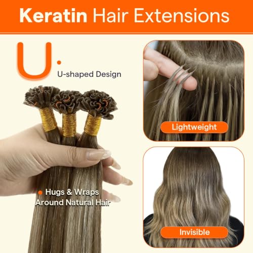 Full Shine U Tip Hair Extensions - Balayage Brown to Ash Blonde 18 Inch 50g with Variation A # 3/8/22