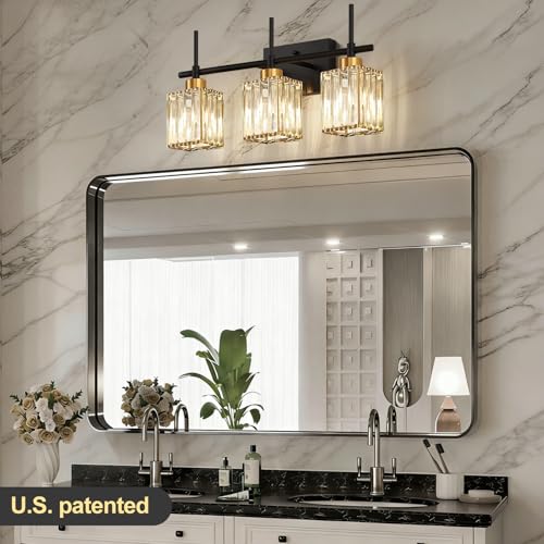 Black Gold Square Shade Crystal Vanity Lights - 3-Light Bathroom Wall Fixture