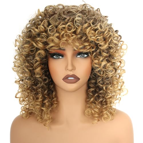 Blonde Mixed Brown Curly Afro Wig for Women 14in Short Kinky 70s Style with Bangs