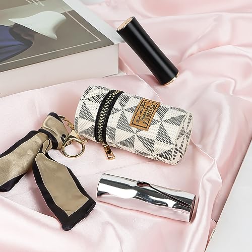 Lipstick Case Keychain with Scarf Charm, Vegan Leather Mini Lip Gloss Organizer Pouch for Purse (White, 1 Pack)