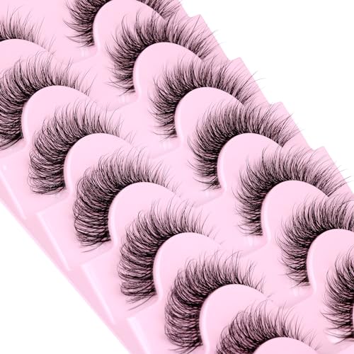 Wiwoseo Natural Wispy Fluffy Cat Eyes Mink Lashes With Glue Kit - Clear Band Russian Strip Eyelashes - Natural Look False Eyelash Extension - D Curly 7 Pairs Pack