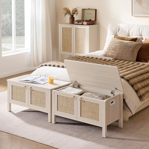 White Cream Oak Rattan Storage Bench with Safety Hinges - Boho Chest