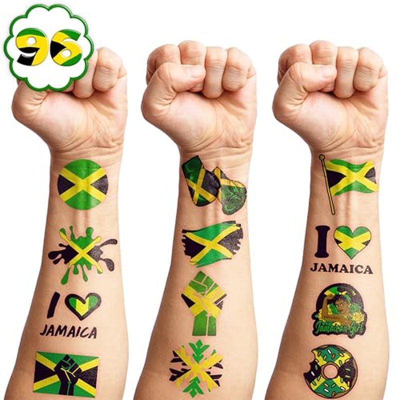 100 PCS Jamaica Flag Temporary Tattoos Themed Birthday Party Decorations Supplies Favors Decor Yellow Green Jamaican Palm Tree Tattoo Stickers Gifts For Game Kids Boys Girls Classroom School Prizes
