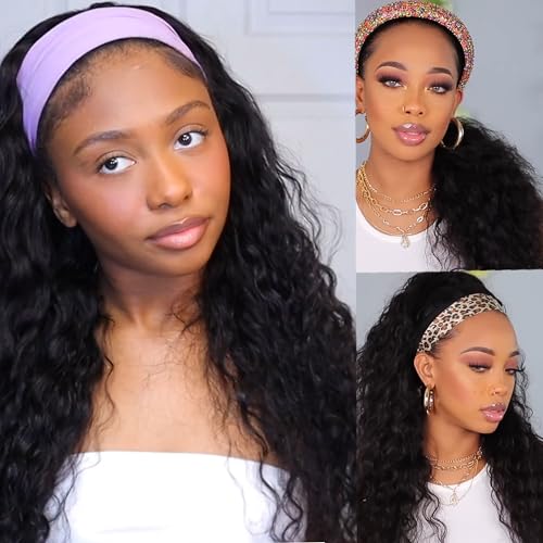 PREMPO Black 1B Curly Headband Wig 20 Inch Glueless Water Wave Synthetic Hair