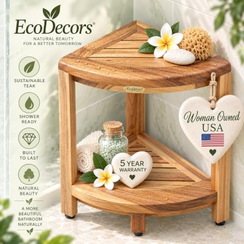 Corner Shower Stool with Shelf - Solid Teak 2-Tier Teak Shower Corner Shelf