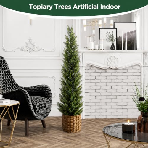 5 Feet Outdoor Artificial Cedar Topiary Trees Set of 2 - UV Resistant Faux Shrubs with Potted Design - Green