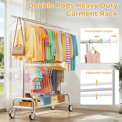Heavy Duty Clothes Rack with Double Rods - Load 860 lbs, Portable & Adjustable, Silver - 15 x 63.4 x 74.8 in