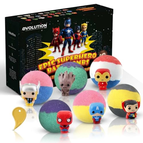 EvolutionUSA Black Epic Superhero Bath Bombs Set with Surprise Toys - 6 Large Organic Kids Bath Balls