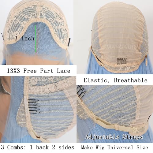 Ice Blue Lace Front Wig 24 Inch Long Straight Synthetic Hair for Women - Glueless, Natural Hairline