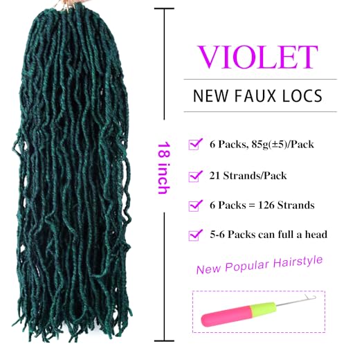 VIOLET 18 Inch Faux Locs Crochet Hair - 6 Packs M1B/Green, Soft Natural Synthetic Extensions