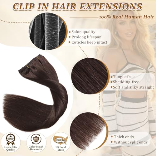 Clip in Hair Extensions Real Human Hair Dark Brown 20 Inch 105g - Seamless & Natural