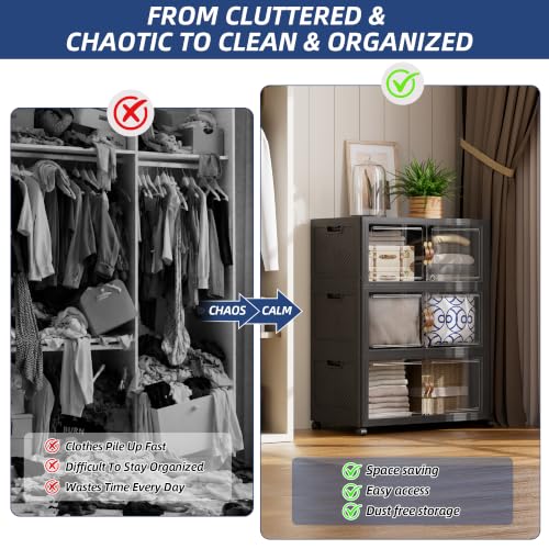SAILUN Stackable Storage Bins with Lid - 3 Pack Black, 26 W x 16.5 D, Foldable & Mobile