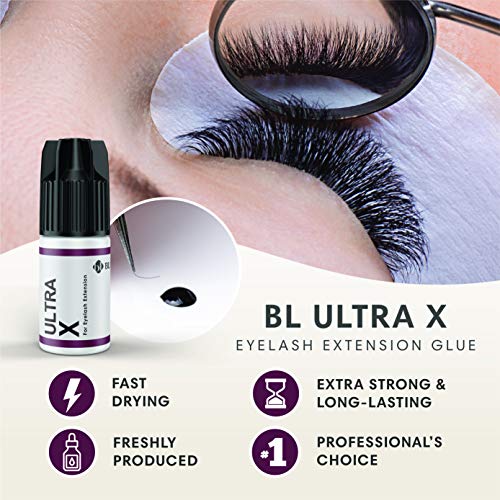 BL Lashes Ultra X | Lash Glue for Lash Extensions, Quick Drying Within 2-3 Sec, Up to 7 Weeks Long-Lasting Lash Retention, Low Viscosity, Black Adhesive for Professional Supplies (0.17fl.oz/5ml)