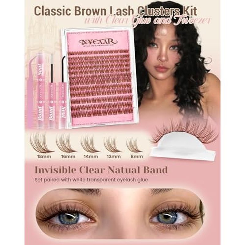 Lash Clusters Kit Brown Lash Clusters with White Clusters Glue and Clear Seal 8-16mm Wispy Cluster Eyelash Extension Kit D Curl 144pcs Brown Natural Lashes Cluster DIY Lash Extension Kit