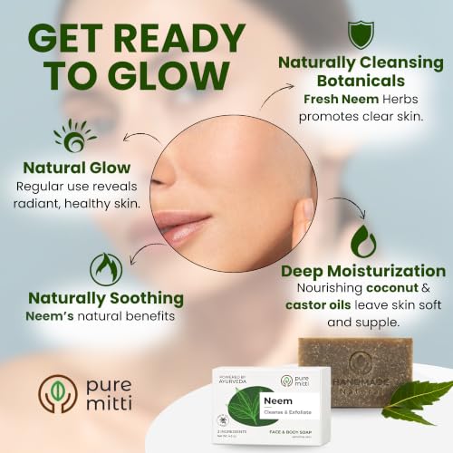 Neem Face and Body Bar Soap - Ayurvedic Exfoliating Cleansing with Coconut & Castor Oils - 4.5 oz