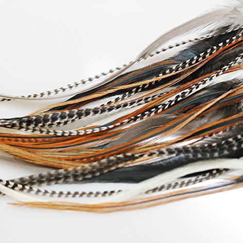 Sexy Sparkles Feather Hair Extensions - Natural Beige & Brown, 25 Loose Feathers, 8-12 Inches with Micro Beads