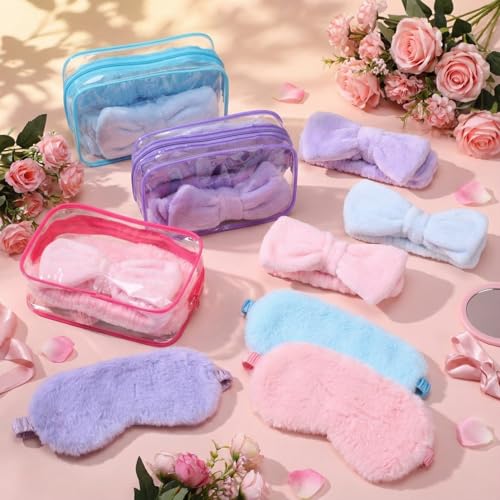 Hoteam 36-Piece Sleepover Party Supplies with Pink, Blue, Purple Headbands Eye Masks & Cosmetic Bags