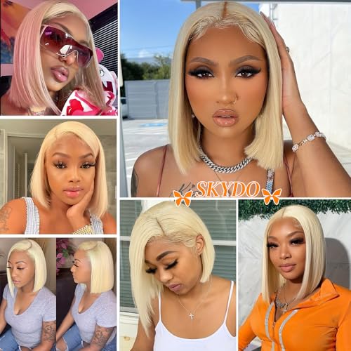 Blonde Human Hair Bob Wig 13x4 Lace Front Pre Plucked Hairline 8 Inch - Skydo 613 Variation