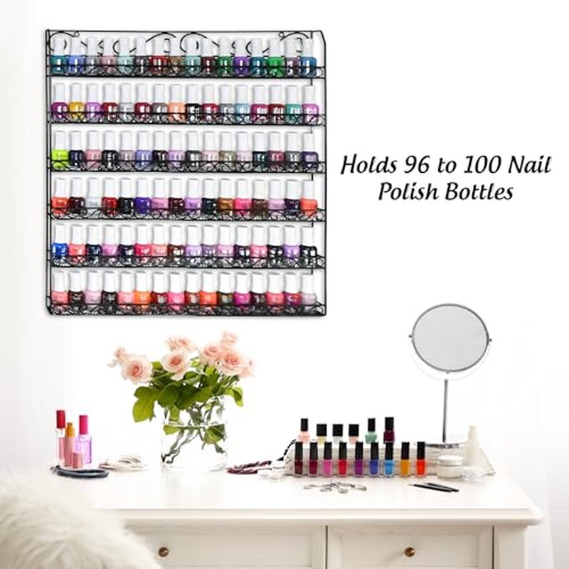 AMT 6 TIER Metal Nail Polish Racks, Fit Up To 108 BOTTLES, Black Wall Mounted, Display for The Wall, Young Living Essential Oils Organizer for Home Salon Business Spa (108 Bottles)