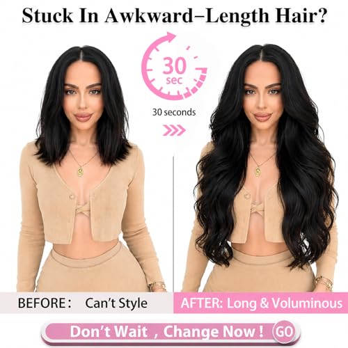 ALXNAN 24" Black Wavy Layered Clip-In Hair Extensions for Women