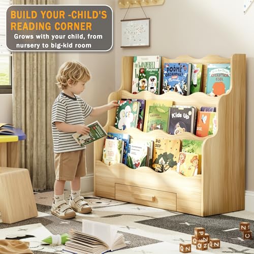 29.6-Inch Montessori Kids Bookshelf with Drawer, 3-Tier Scalloped Design for Nursery & Playroom