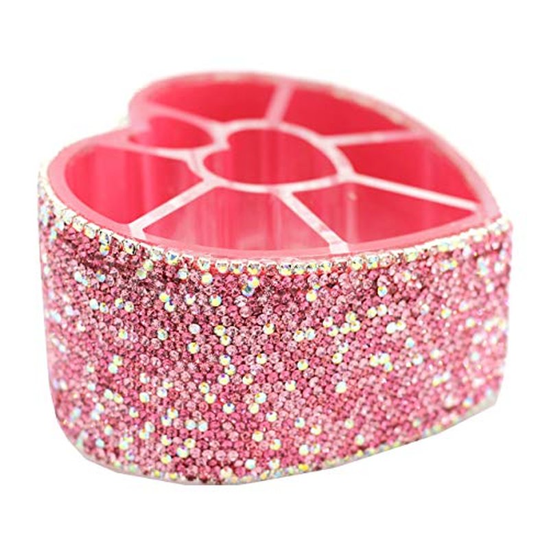 Desktop Cosmetic Storage Box 8-hole Heart-Shaped Bling bling Rhinestone Cosmetic Tools storage Box Jewelry Storage Box (Pink)